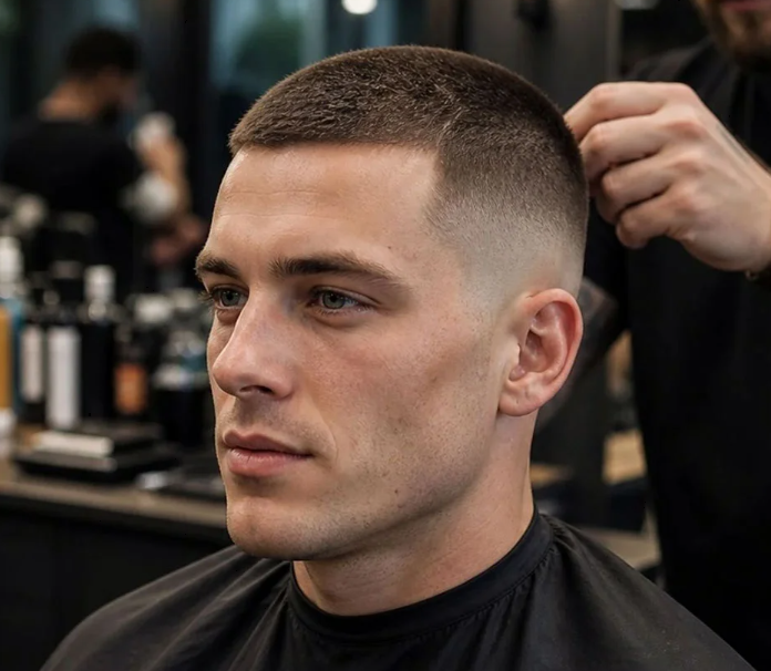 Asian men's buzz cut with tapered sides