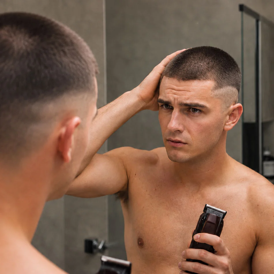 Transition path from buzz cut to shaved head for men