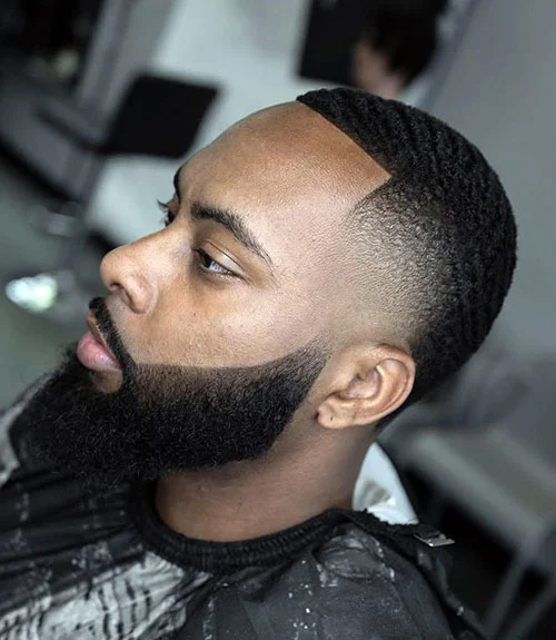 Mid temp fade with short hair and beard for Black men