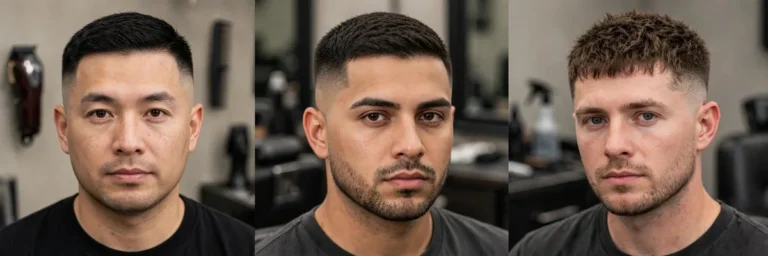 Collage of three men's mid fade haircuts — classic mid fade, mid skin fade and textured crop with a mid fade, barbershop photography