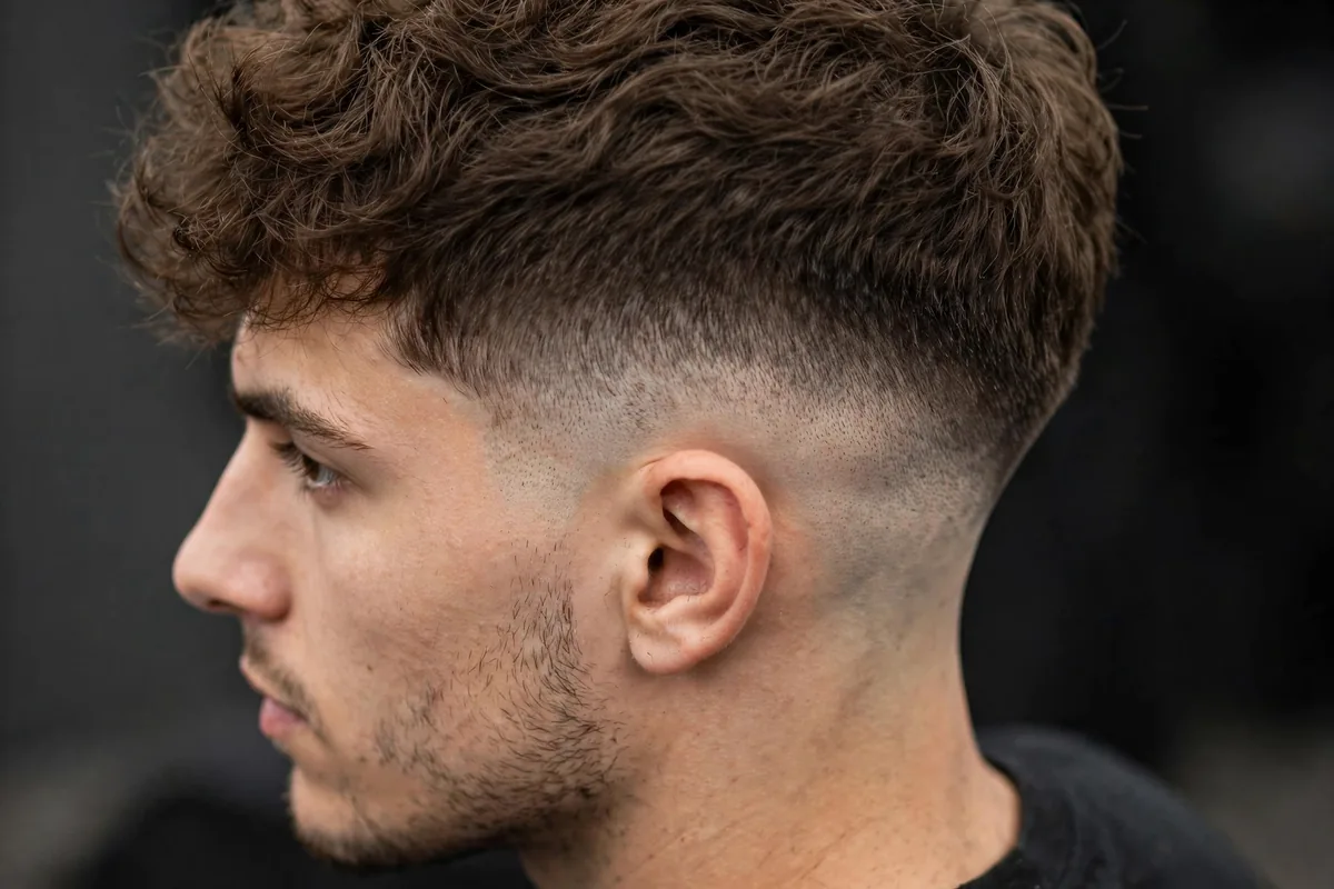 Close-up of a mid skin fade haircut with a razor-sharp blend down to bare skin