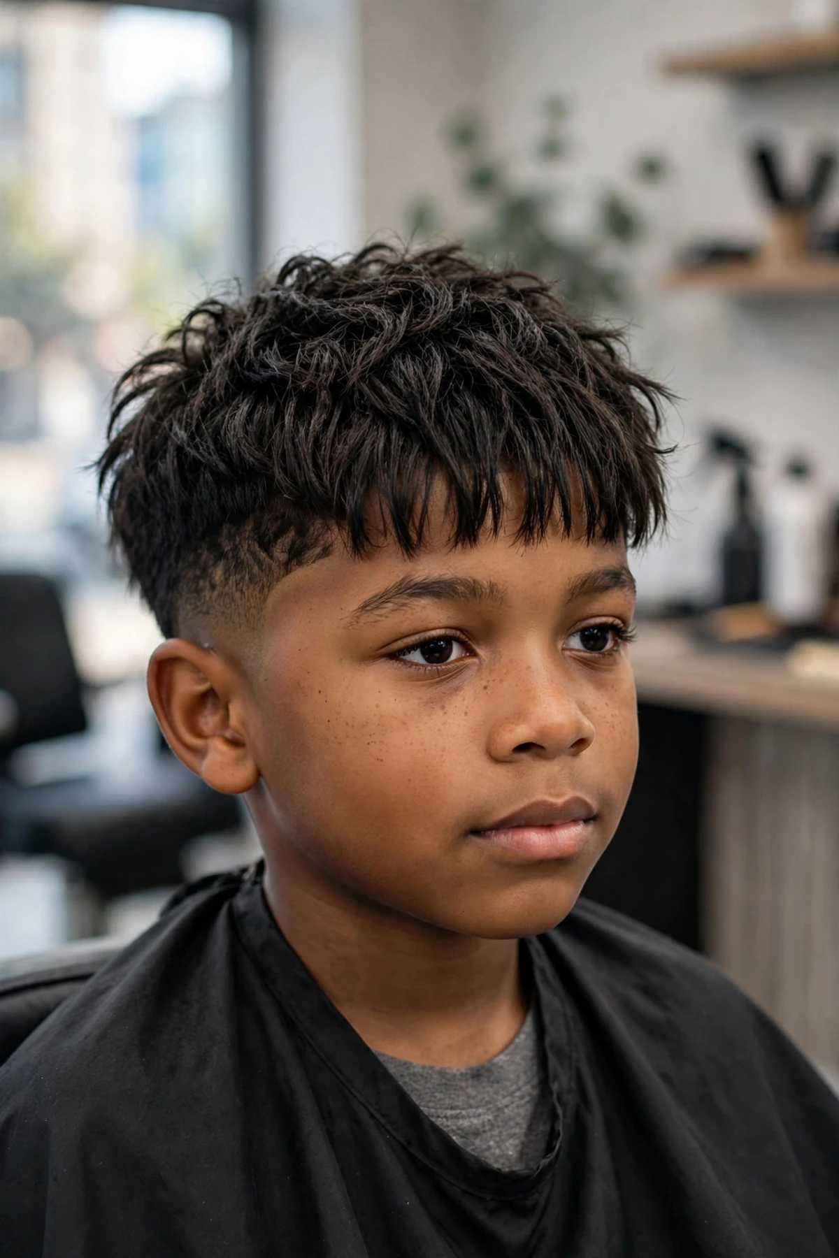 Boy with a textured crop haircut in a barbershop, choppy layered fringe and faded sides