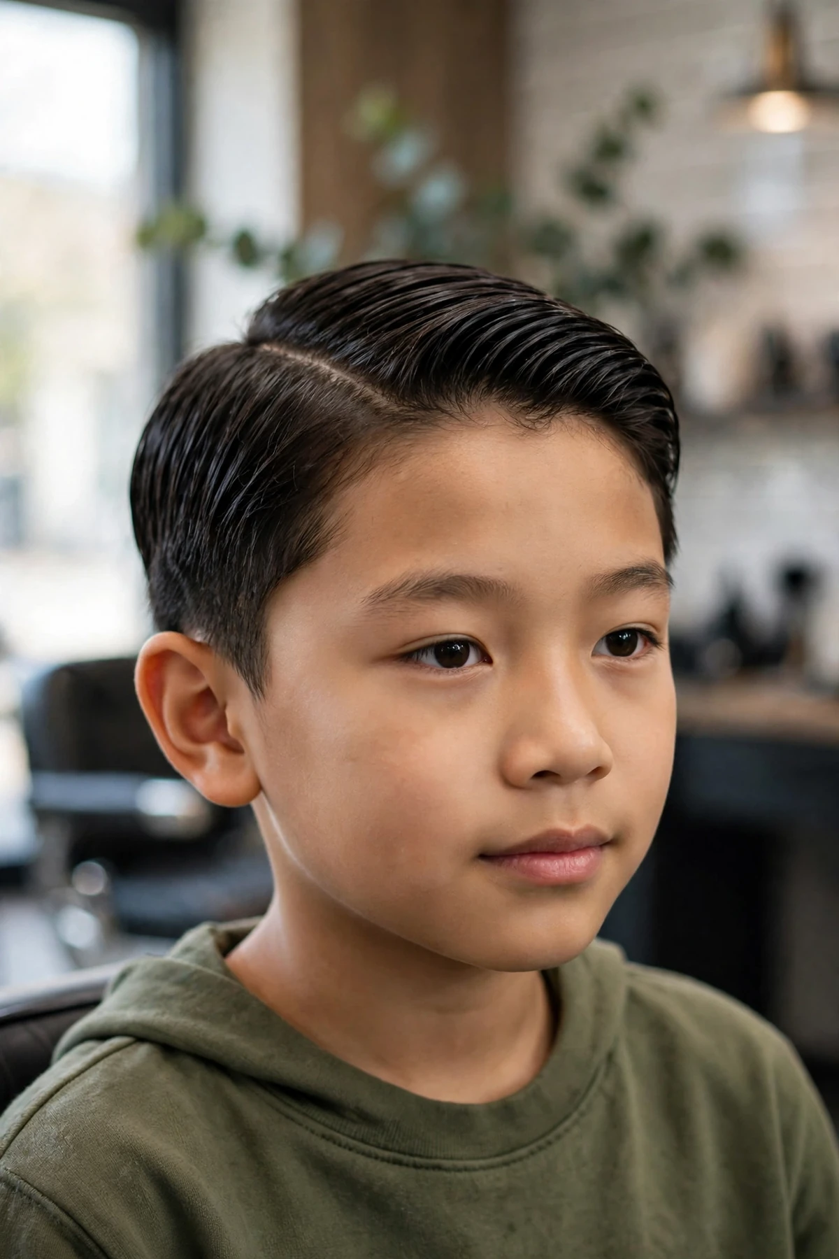 Young boy with a classic side part haircut in a barbershop, neatly combed hair with a clean defined part
