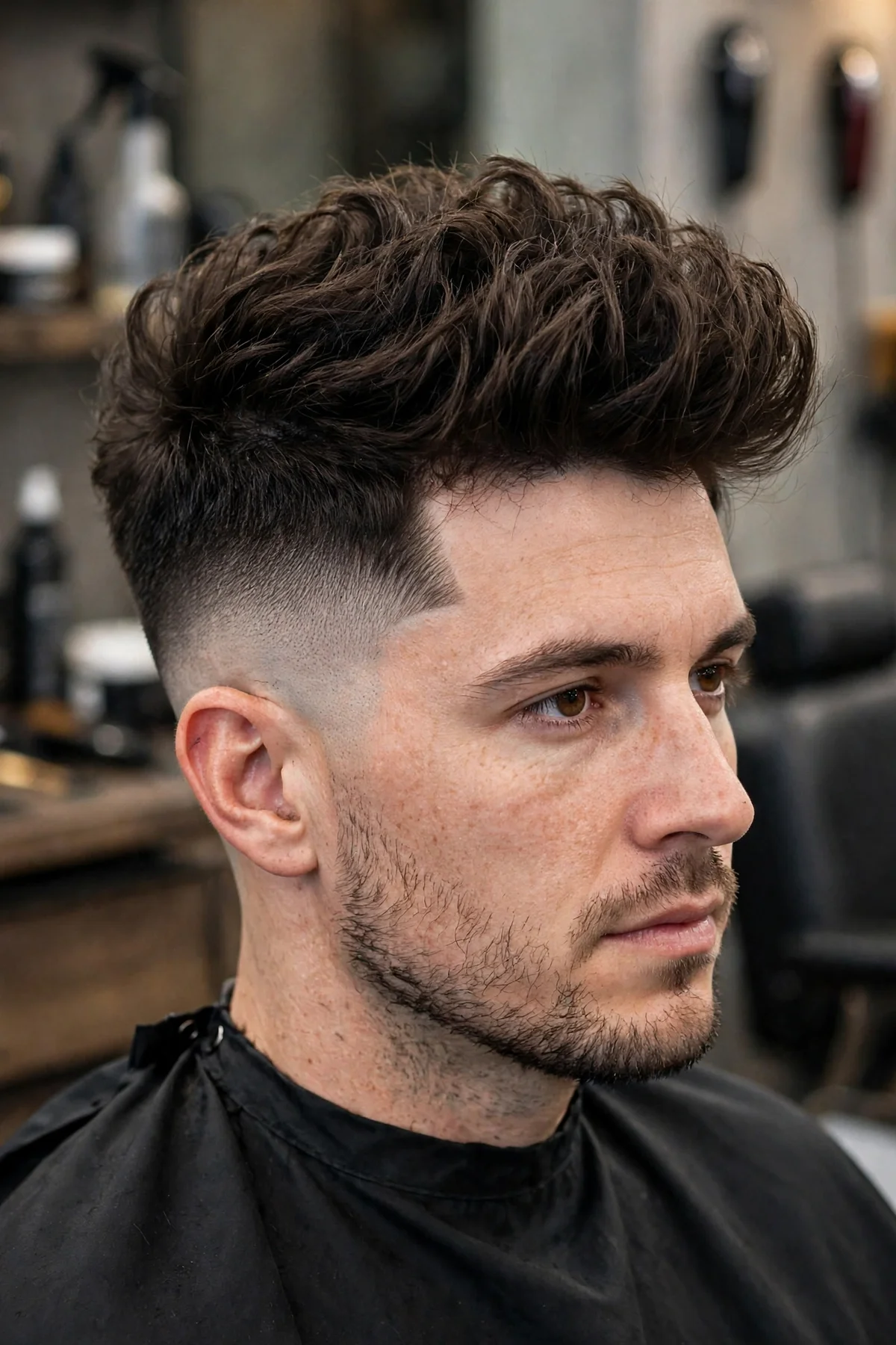 High taper haircut for men with the taper starting high above the temples and a voluminous top