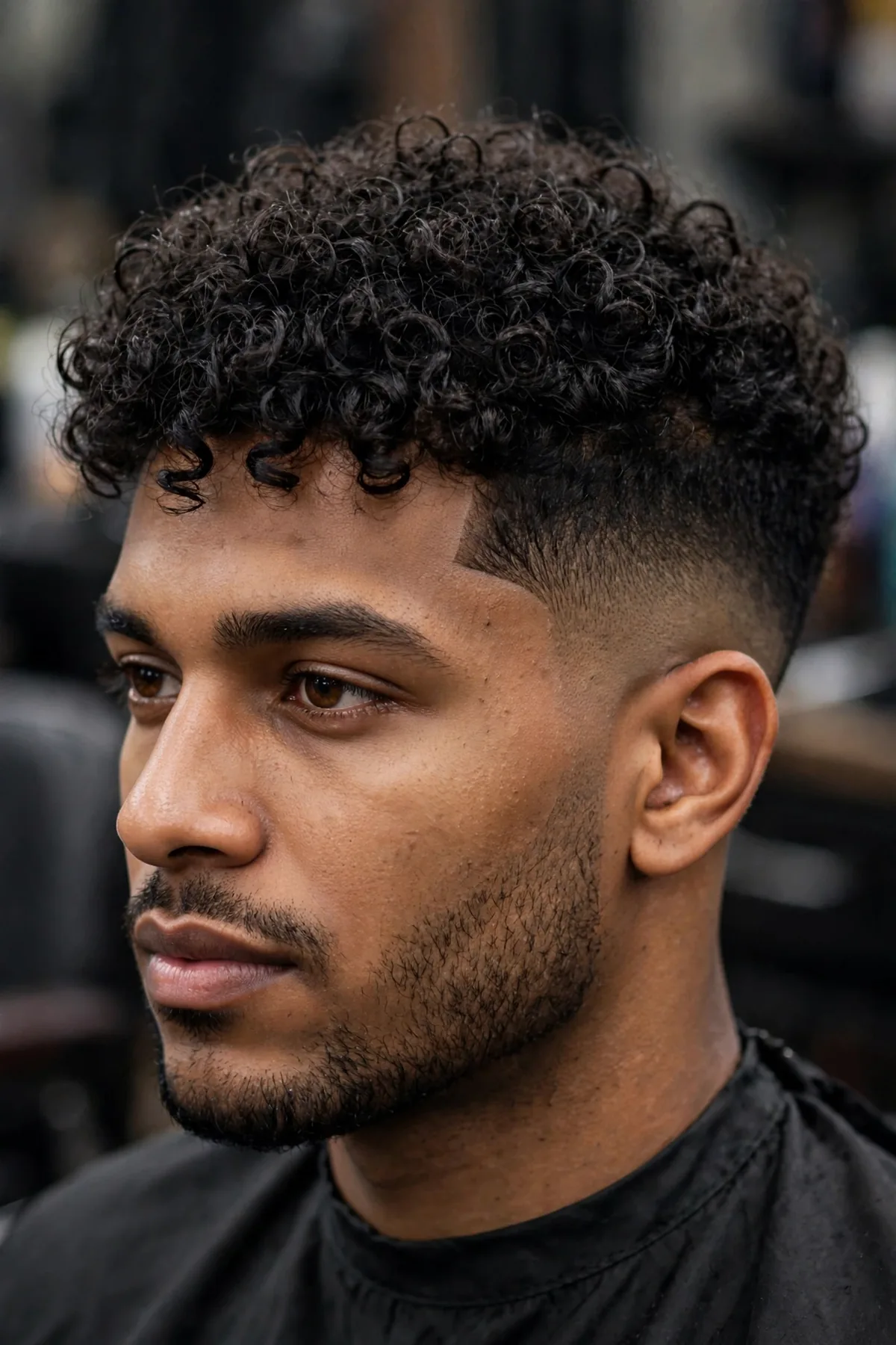 Man with curly hair on top and a mid fade haircut on the sides, natural texture highlighted
