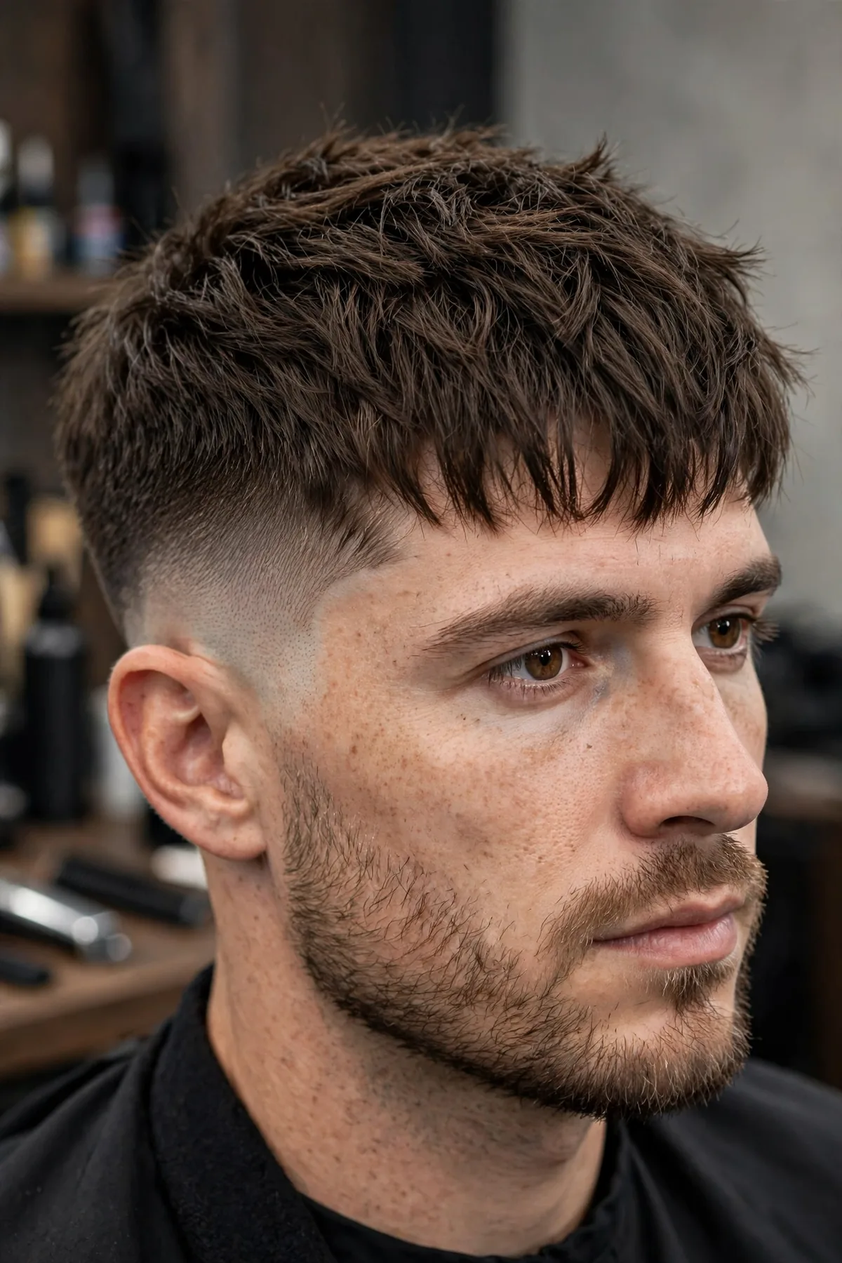 Textured crop hairstyle with a mid fade, choppy layers on top and faded sides