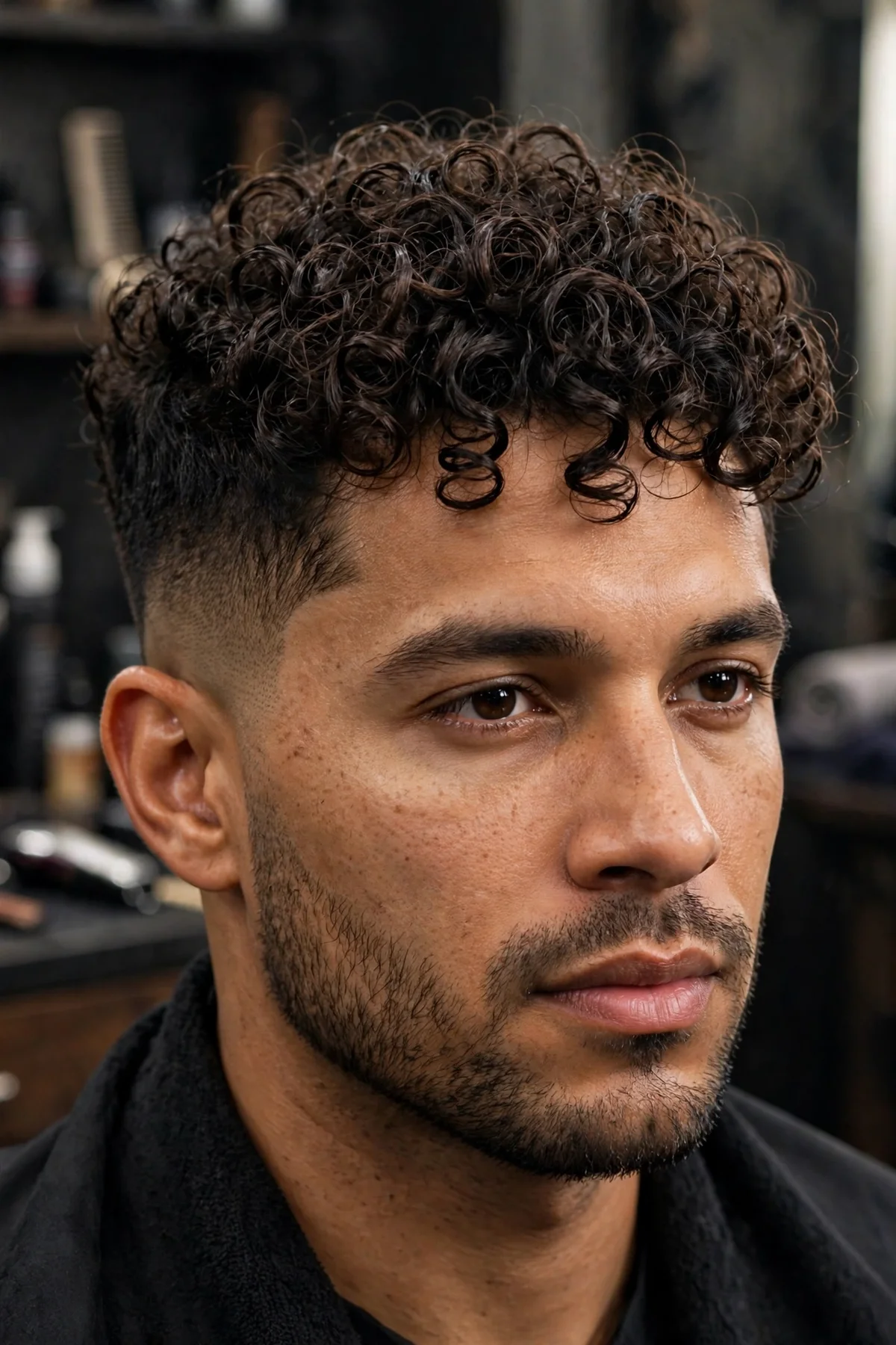 Curly top taper haircut for men pairing tight curls on top with clean tapered sides