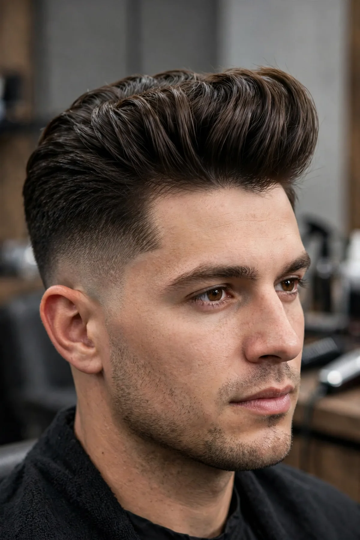 Classic pompadour with volume on top paired with a clean mid fade on the sides