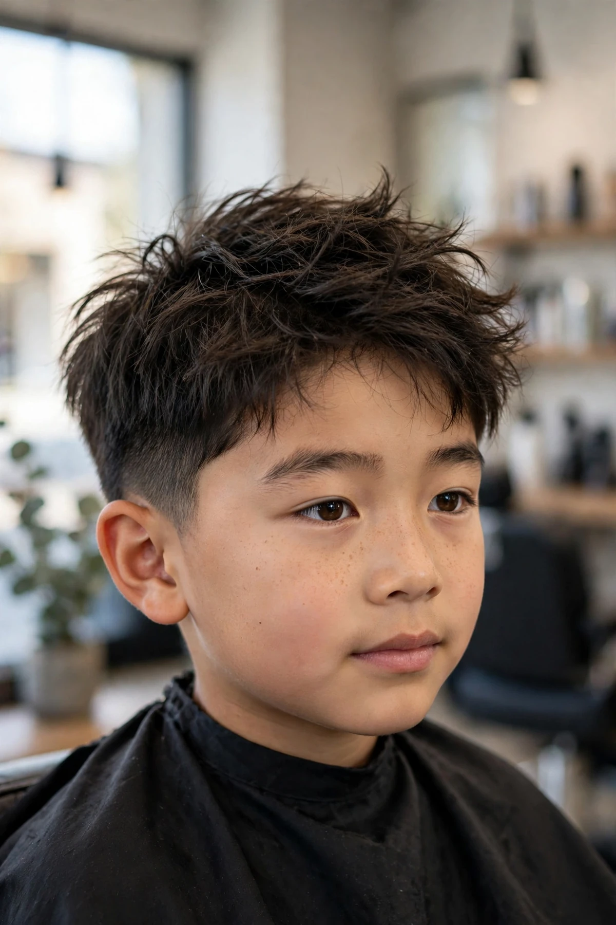 Boy with a messy top haircut in a barbershop, tousled textured hair on top with neat tapered sides