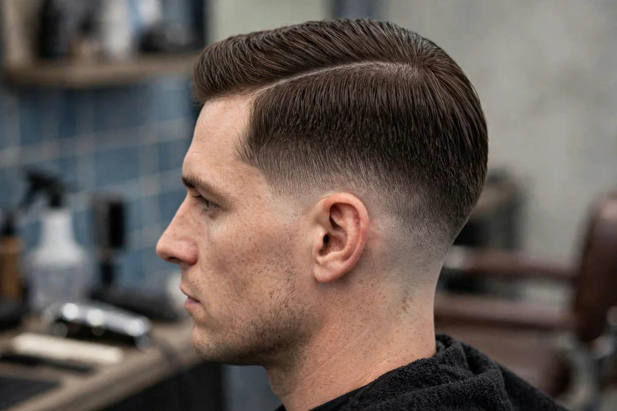 Side part taper haircut for men with a defined part line and gradual taper on the sides