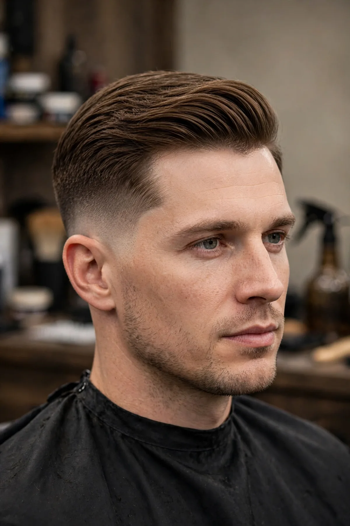 Neat comb over hairstyle with a mid fade haircut, side-parted and polished