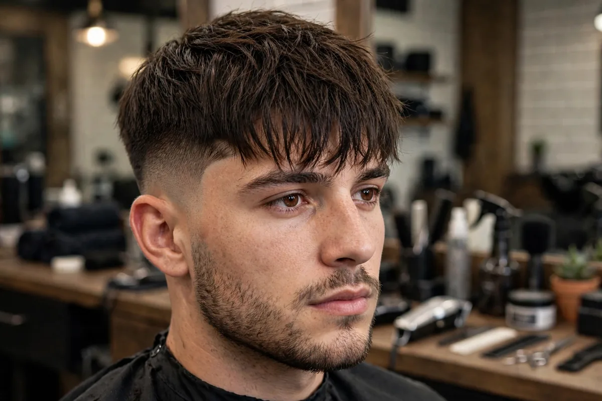 Forward fringe hairstyle with a mid fade haircut, textured bangs over the forehead