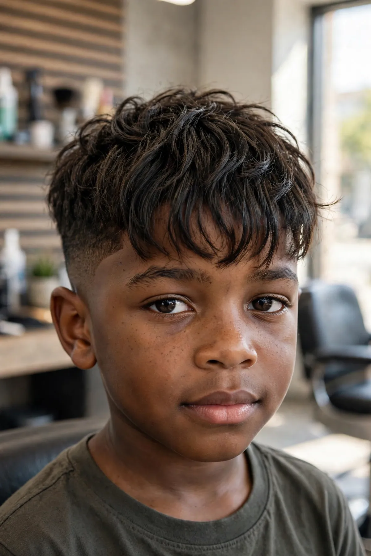 Young boy with a front fringe haircut in a barbershop, textured fringe falling across the forehead with faded sides