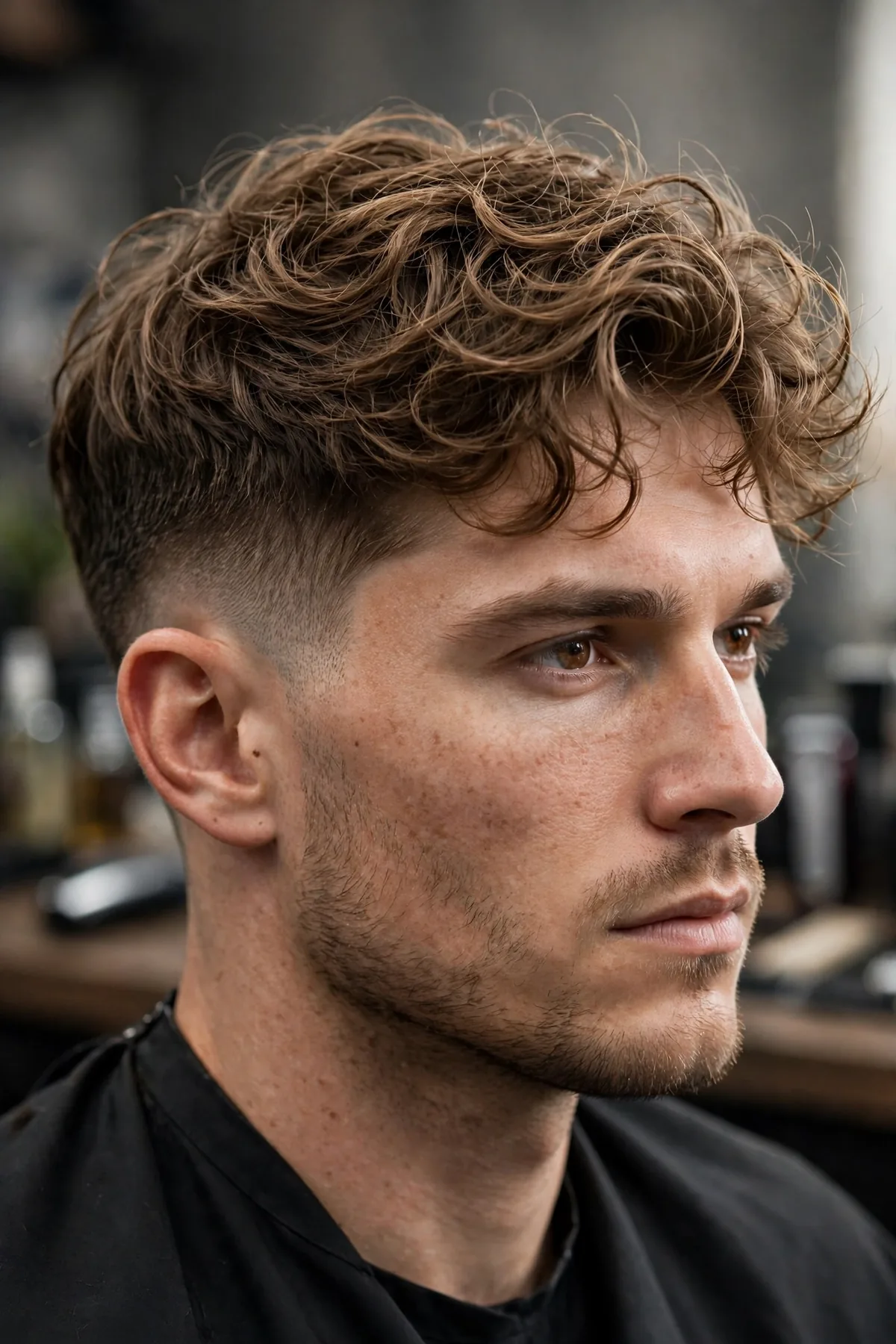 Wavy hair on top with a mid fade haircut, natural beachy texture and faded sides