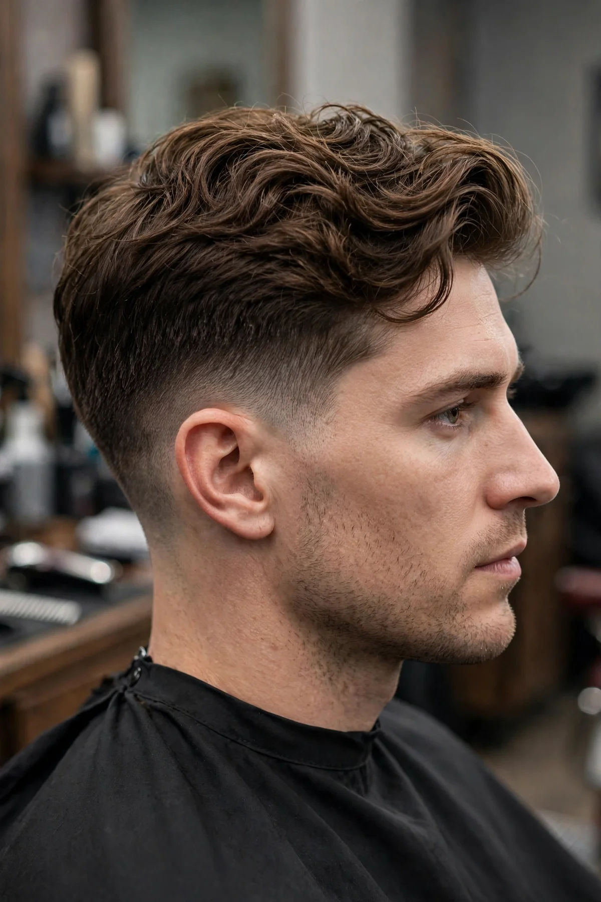 Wavy taper haircut for men with natural waves flowing on top and smooth tapered sides