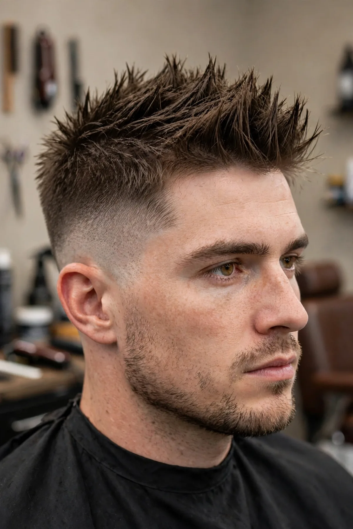 Spiky textured hair on top with a mid fade haircut, edgy barbershop style