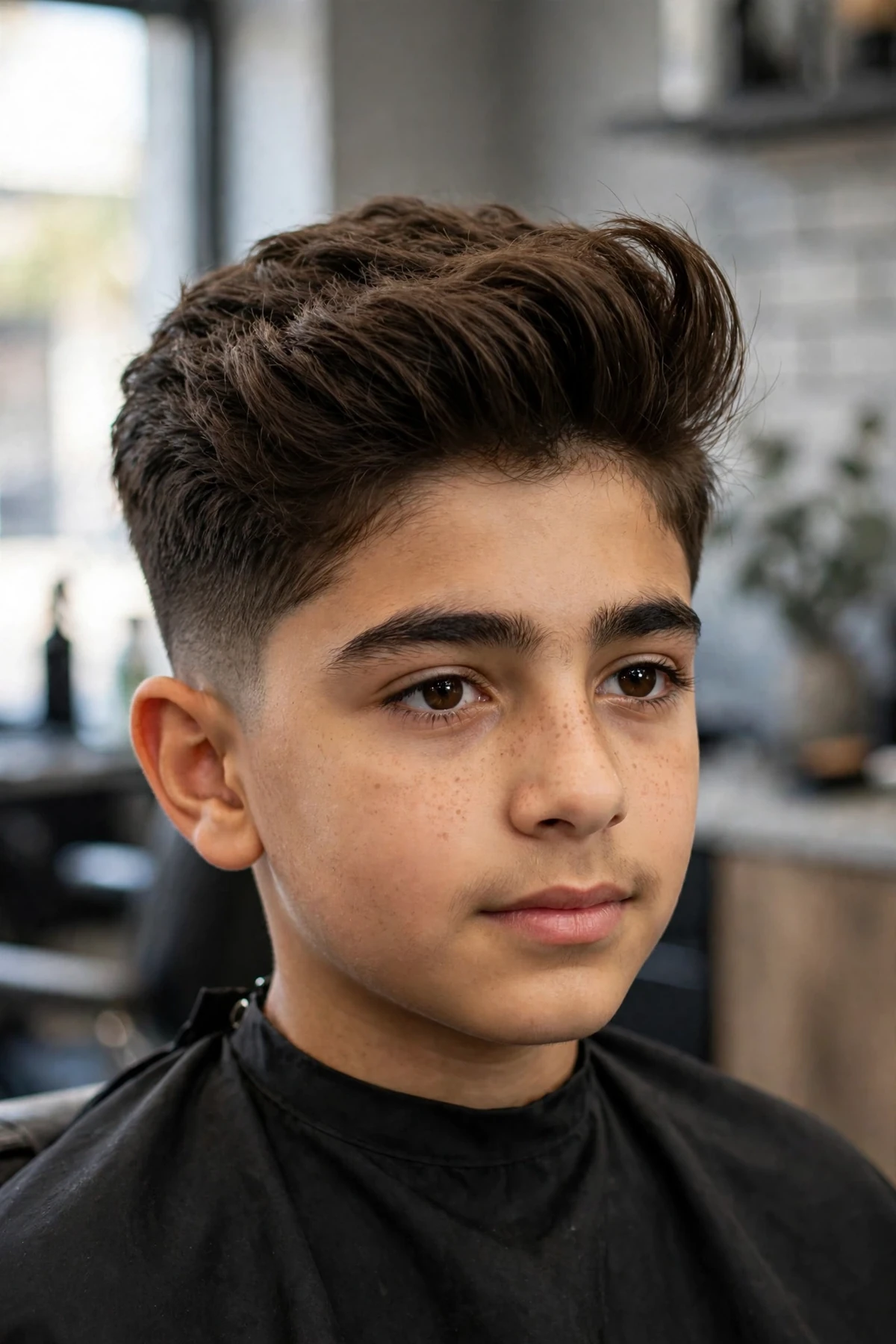 Boy with a quiff haircut in a barbershop, voluminous swept-up front with clean faded sides