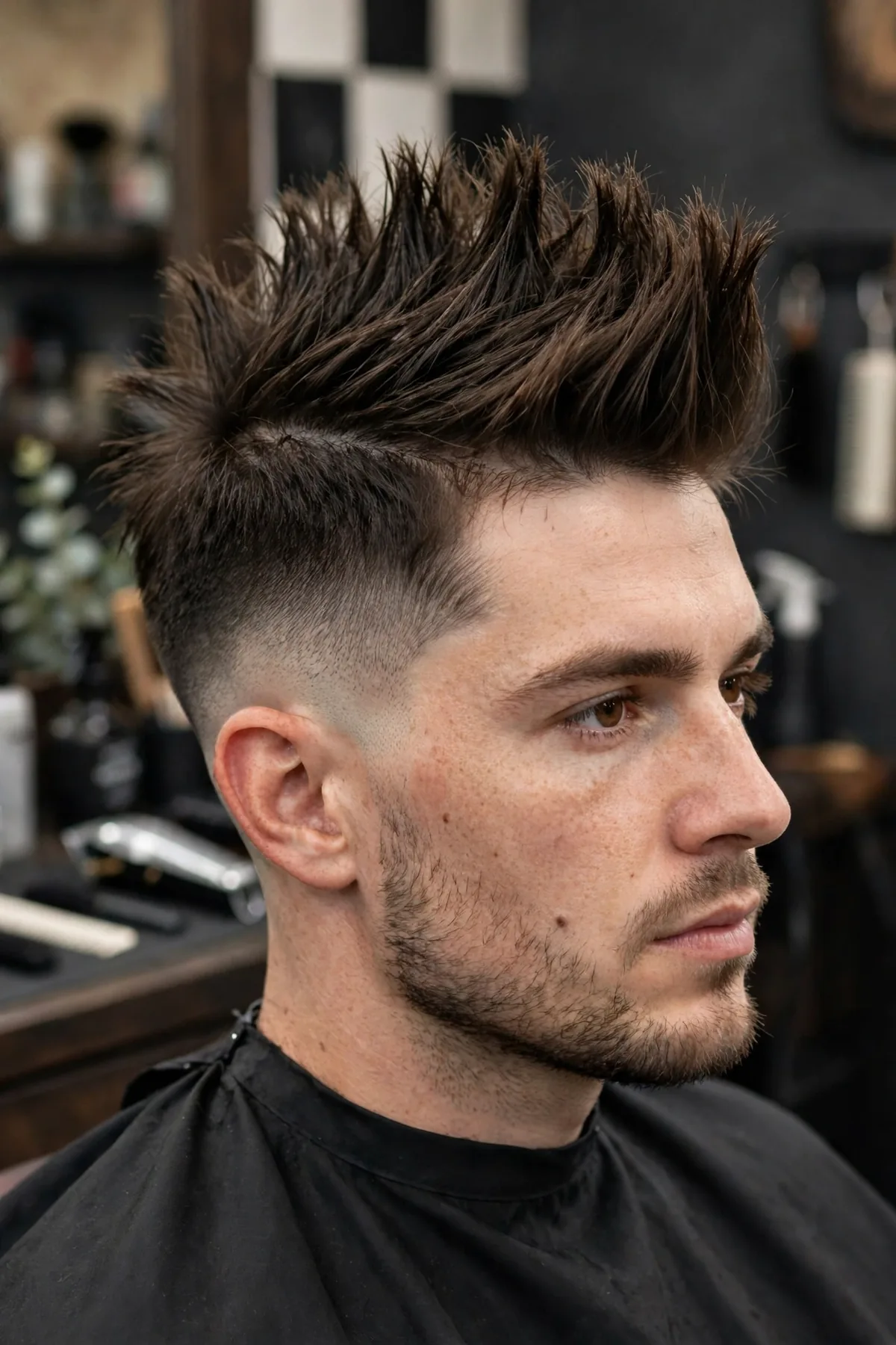 Faux hawk hairstyle with a mid fade haircut, styled mohawk strip with faded sides