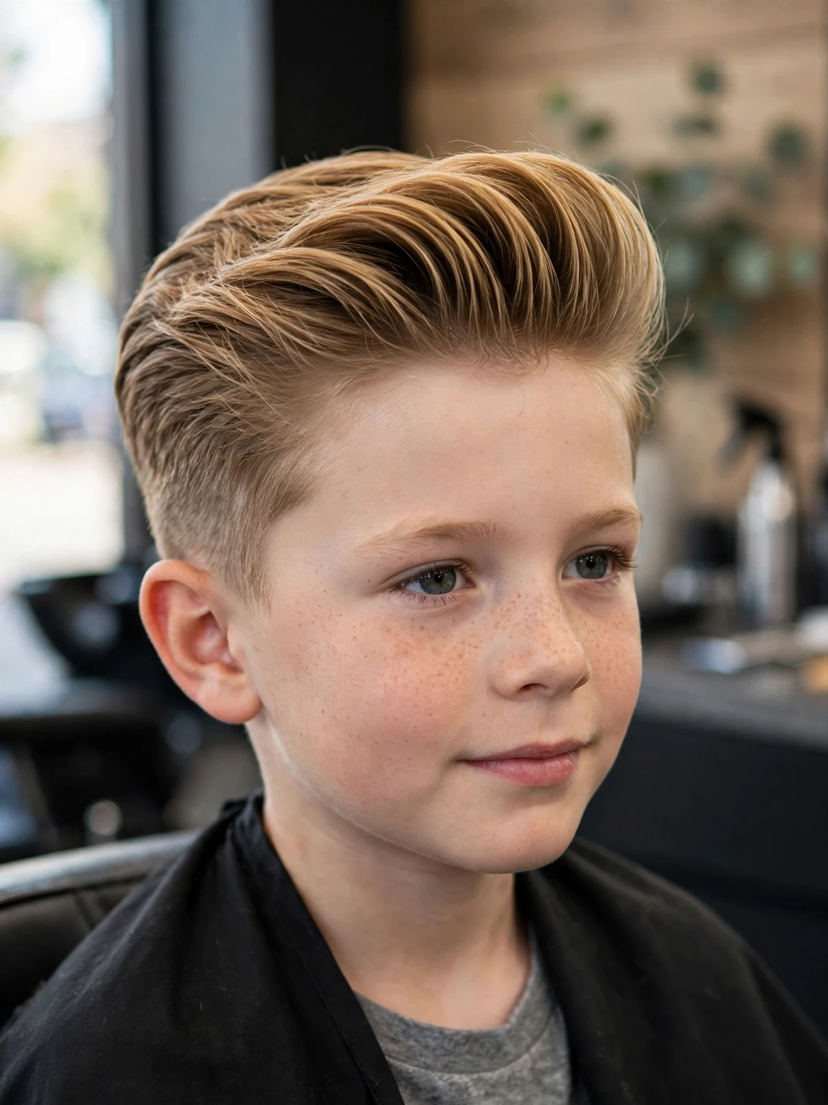 Young boy with a pompadour haircut in a barbershop, high-volume swept-back top with tapered sides