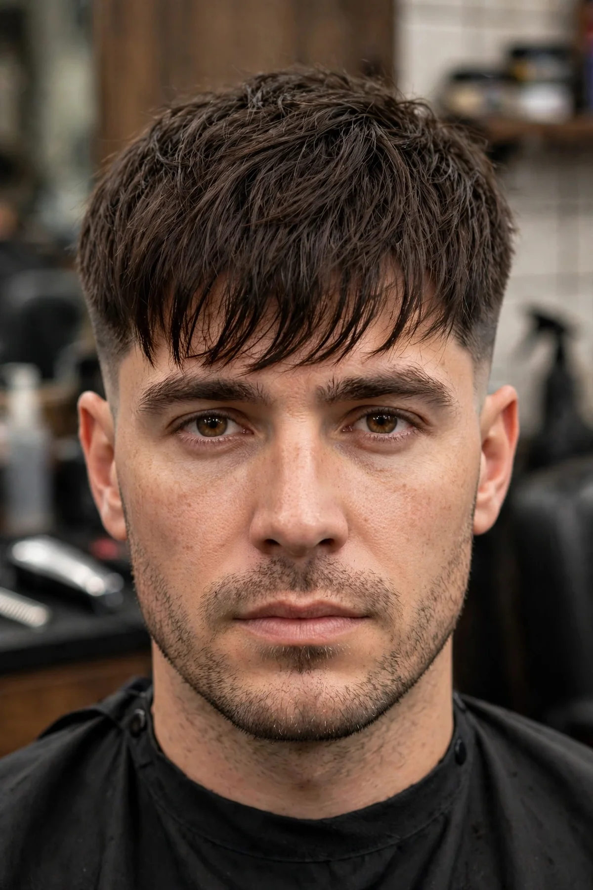 Taper haircut with fringe for men — fringe falling forward with tapered sides