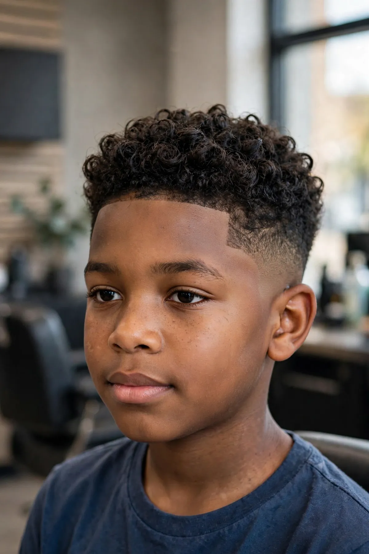 Boy with a mid fade haircut in a barbershop, balanced fade starting at the temples with styled top