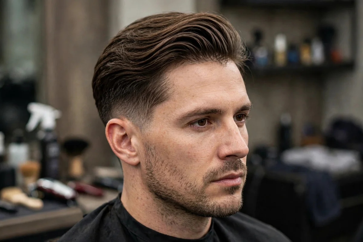 Long top taper haircut for men with several inches of length on top and tapered sides