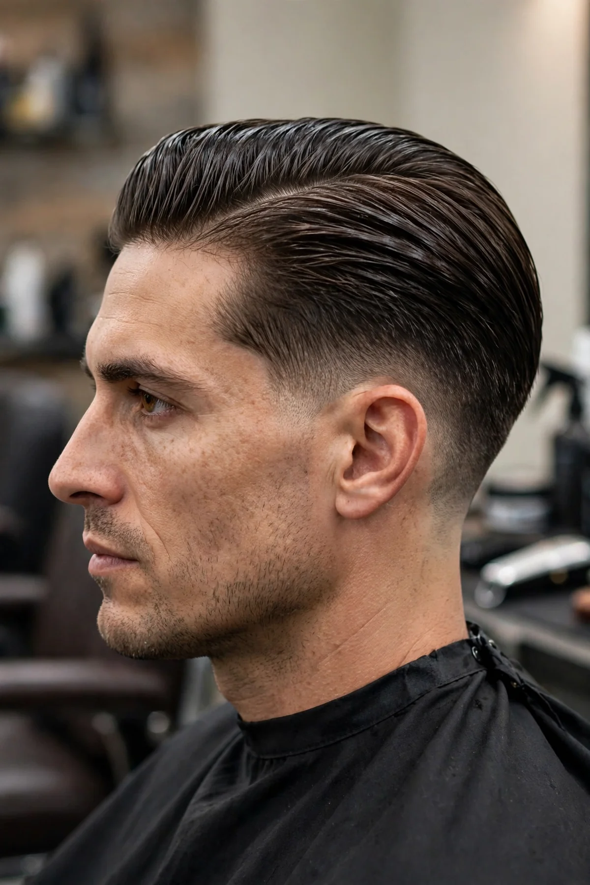 Taper haircut with slick back for men — sleek swept-back hair with tapered sides