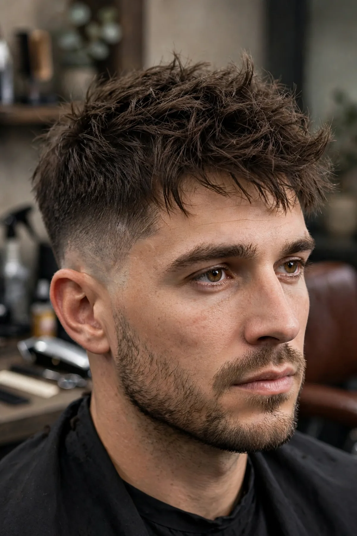 Messy textured top with a mid fade haircut, effortless tousled barbershop style