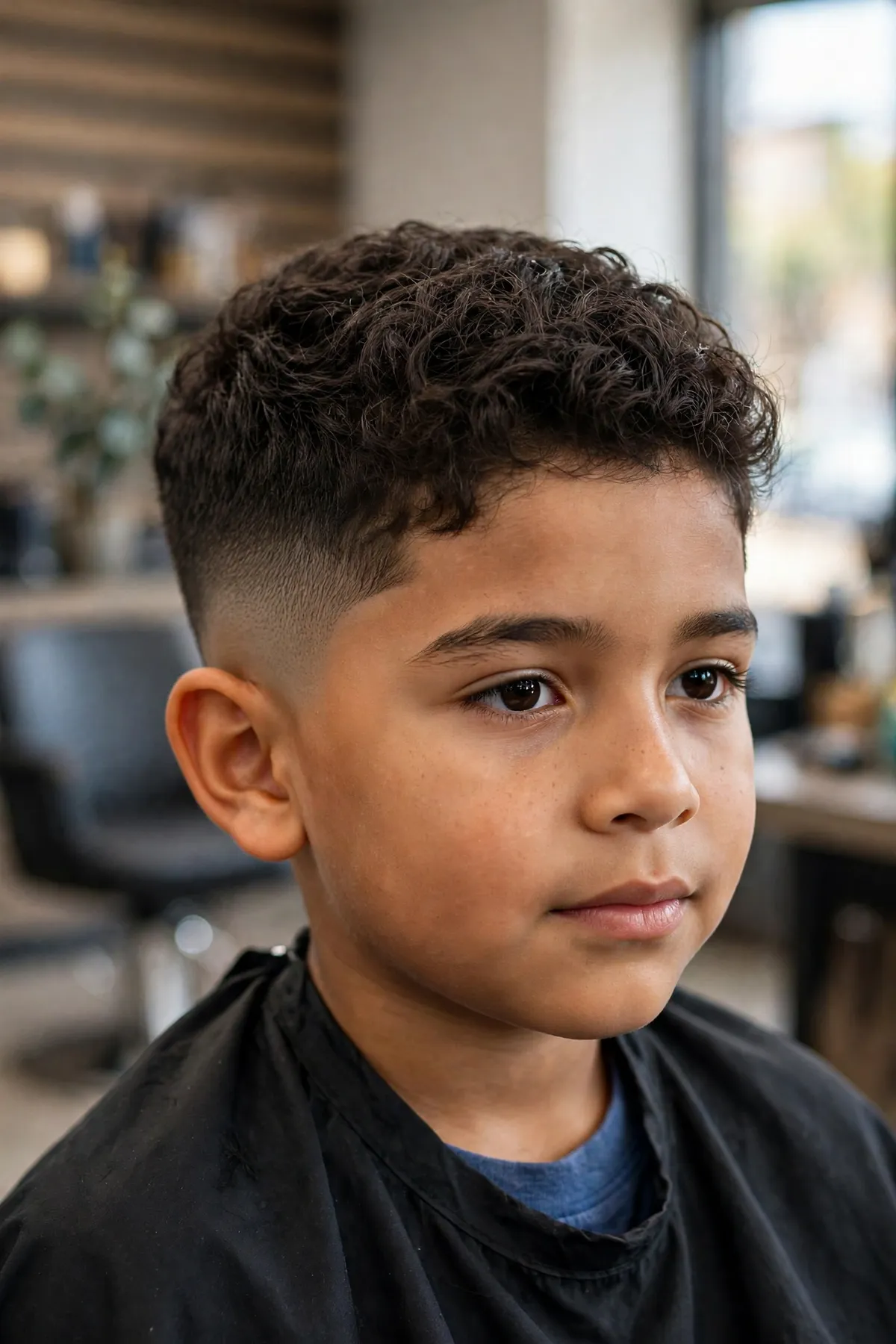 Boy with a drop fade haircut in a barbershop, fade curving down behind the ear with a full top