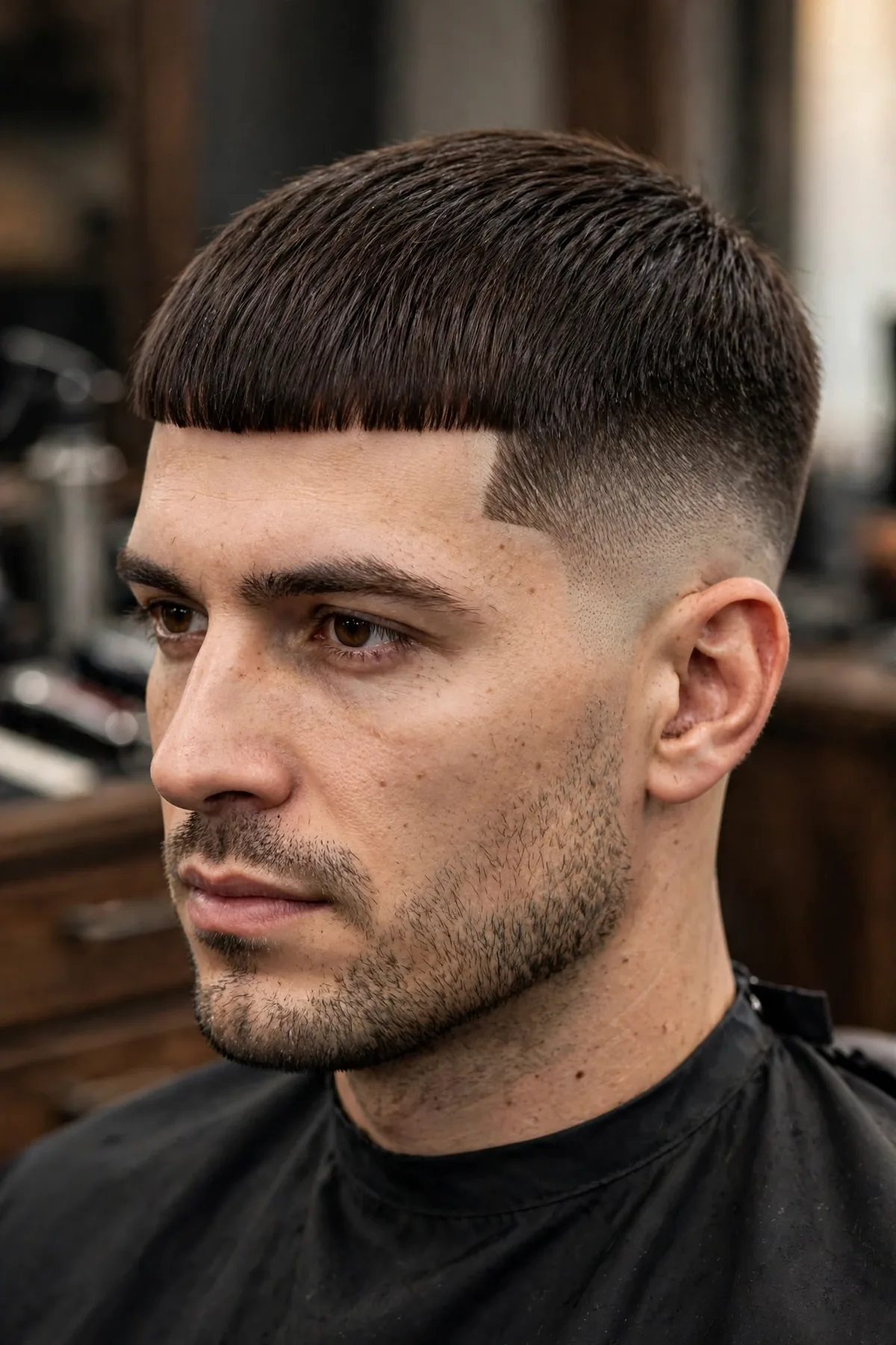 Caesar cut with a mid fade haircut, short horizontal fringe and faded sides