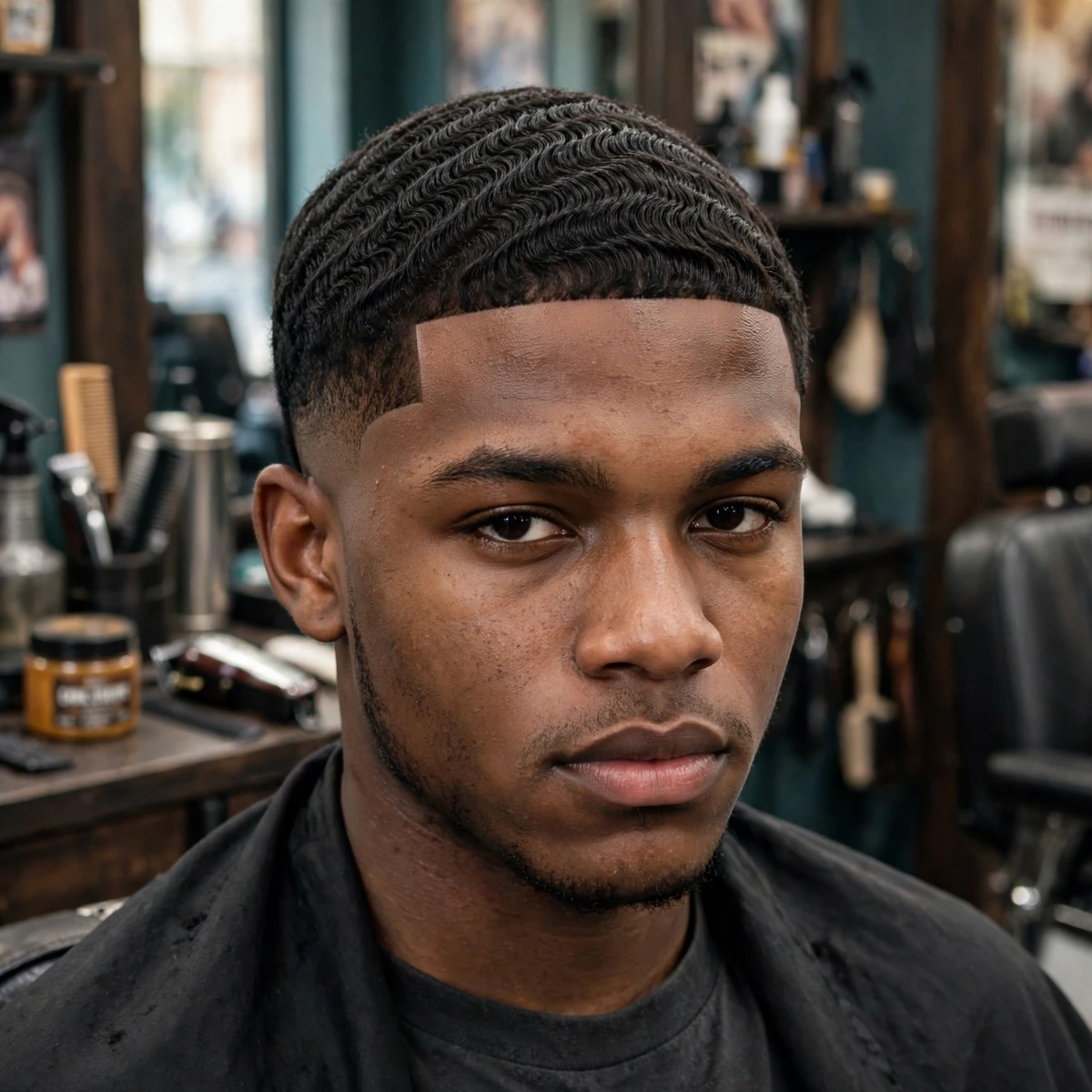 360 waves with temple fade for men, a sharp defined mens fade haircut