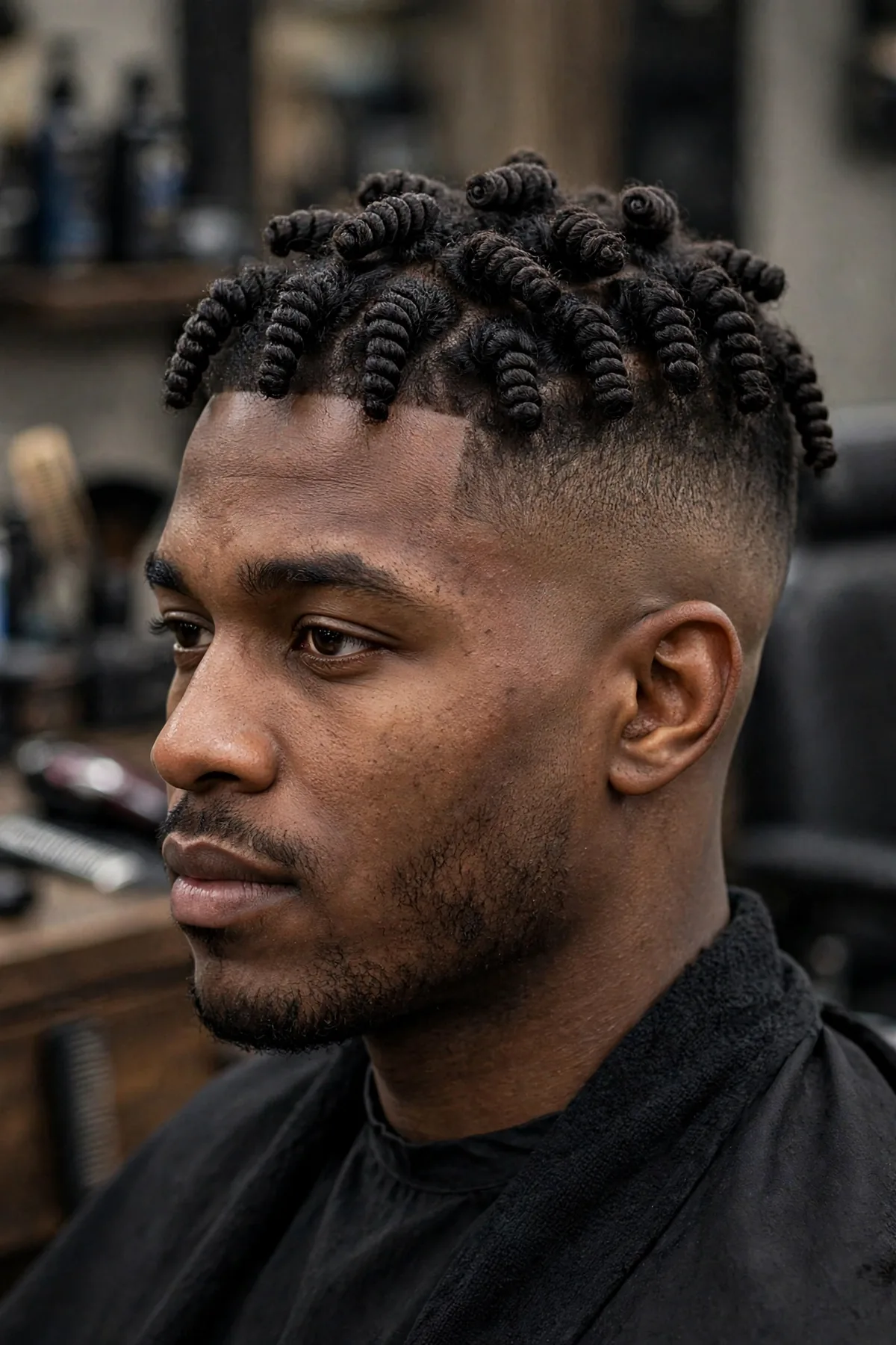 Defined finger coils on top with a mid fade haircut, sculpted curl pattern with faded sides