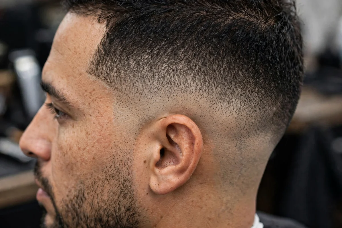 Taper haircut with temple fade for men — sharp temple fade blending into a taper