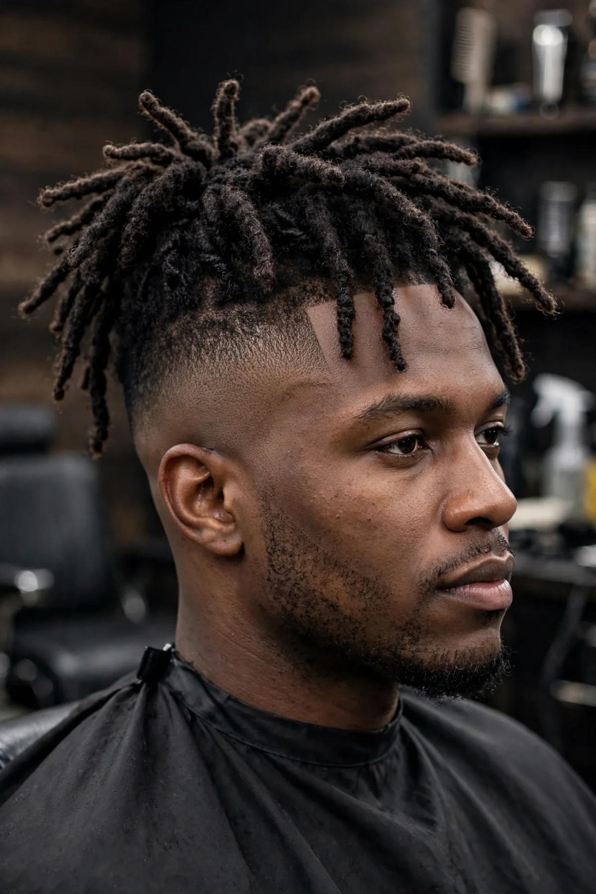Locs on top with a mid fade haircut, dreadlocks paired with faded sides