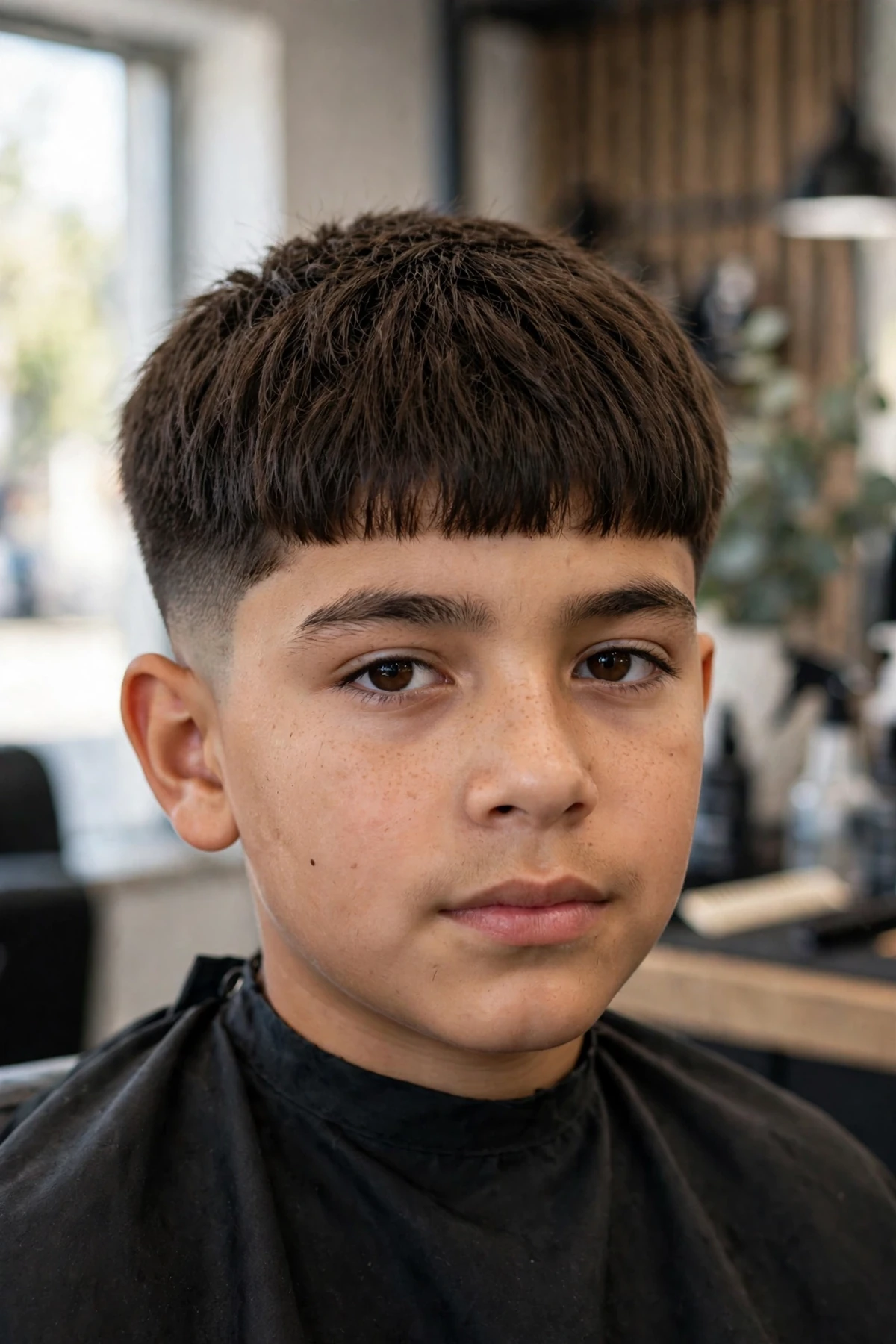 Boy with a modern bowl cut haircut in a barbershop, rounded even cut with textured ends and faded sides