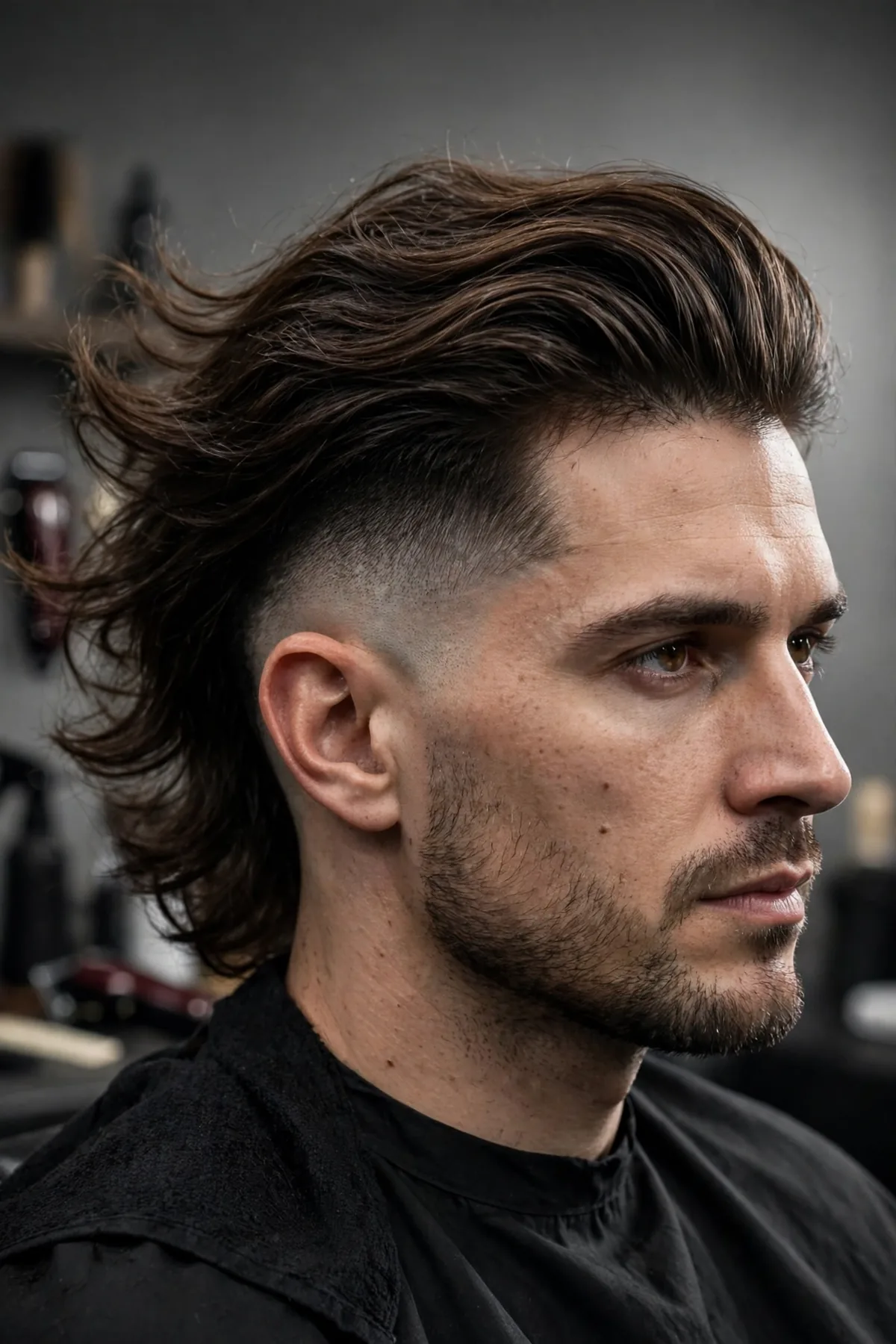 Long hair on top flowing back with a mid fade haircut, dramatic length contrast