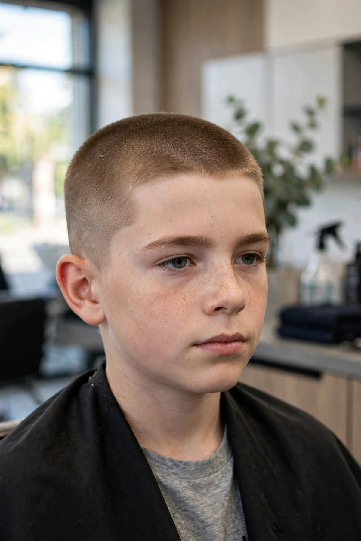 Boy with a butch cut haircut in a barbershop, very short uniform clipper cut all over the head