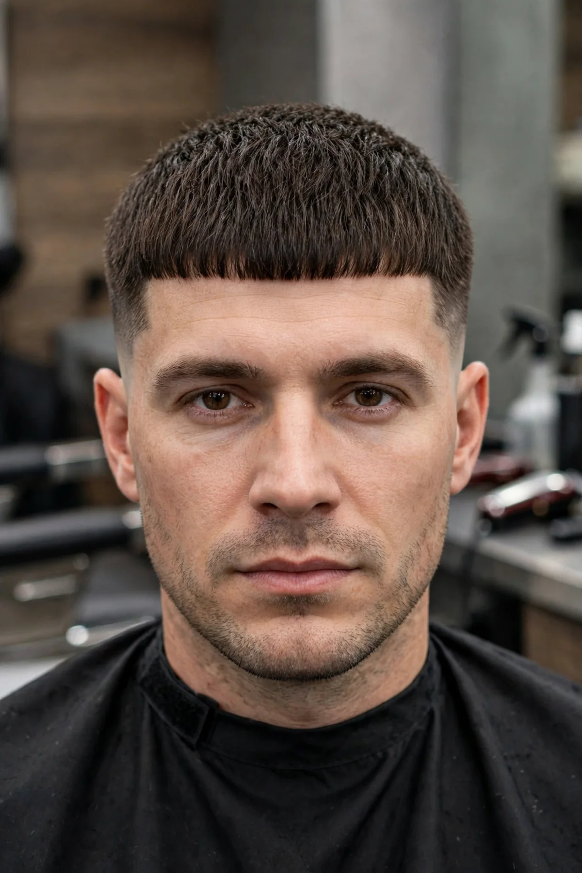 Tapered Caesar cut for men — short horizontal fringe with tapered sides