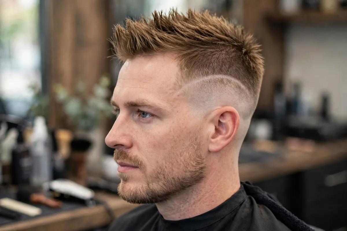 Burst fade haircut for men curving around the ear, unique modern mens haircuts