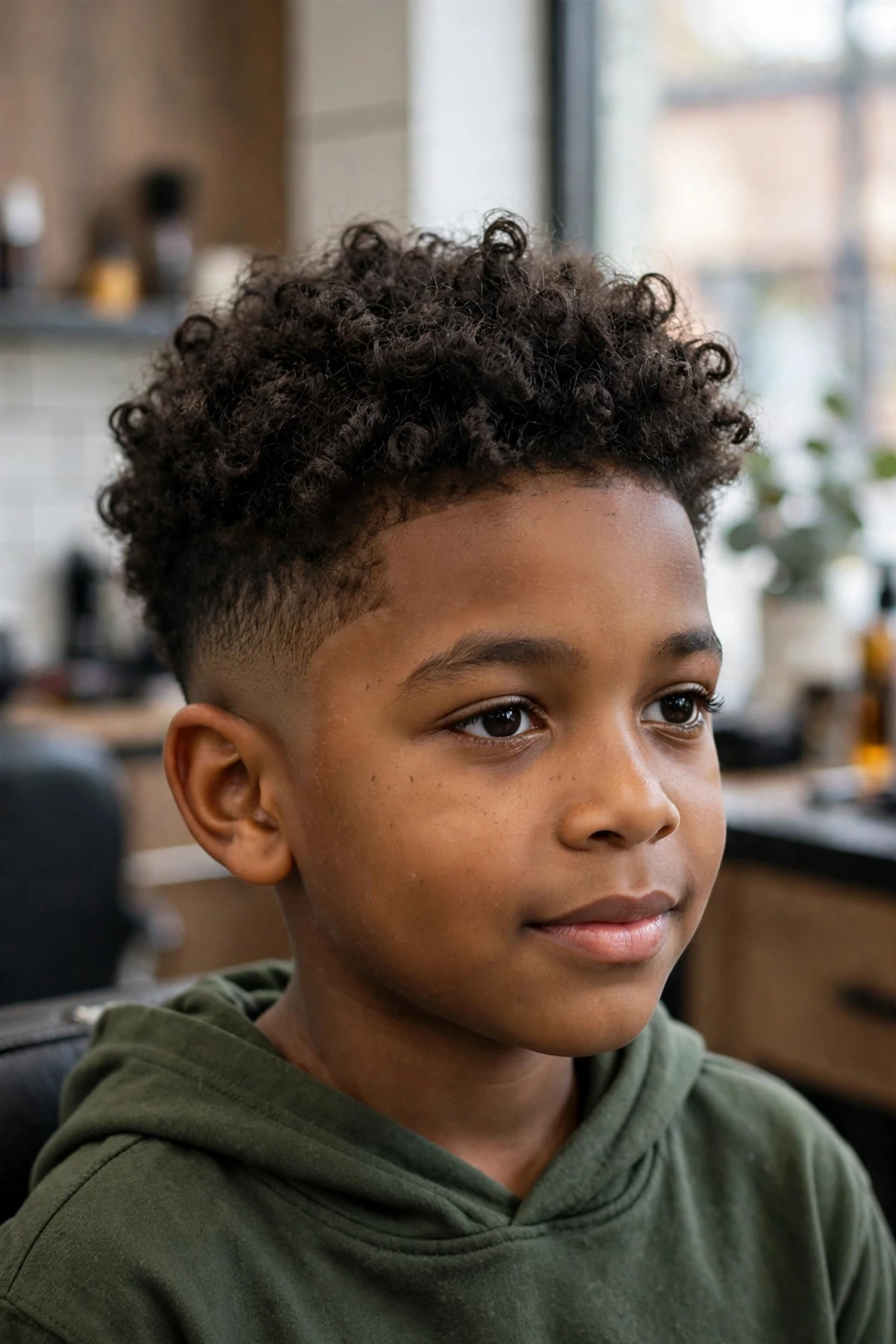 Young boy with a curly top haircut in a barbershop, defined natural curls on top with faded sides
