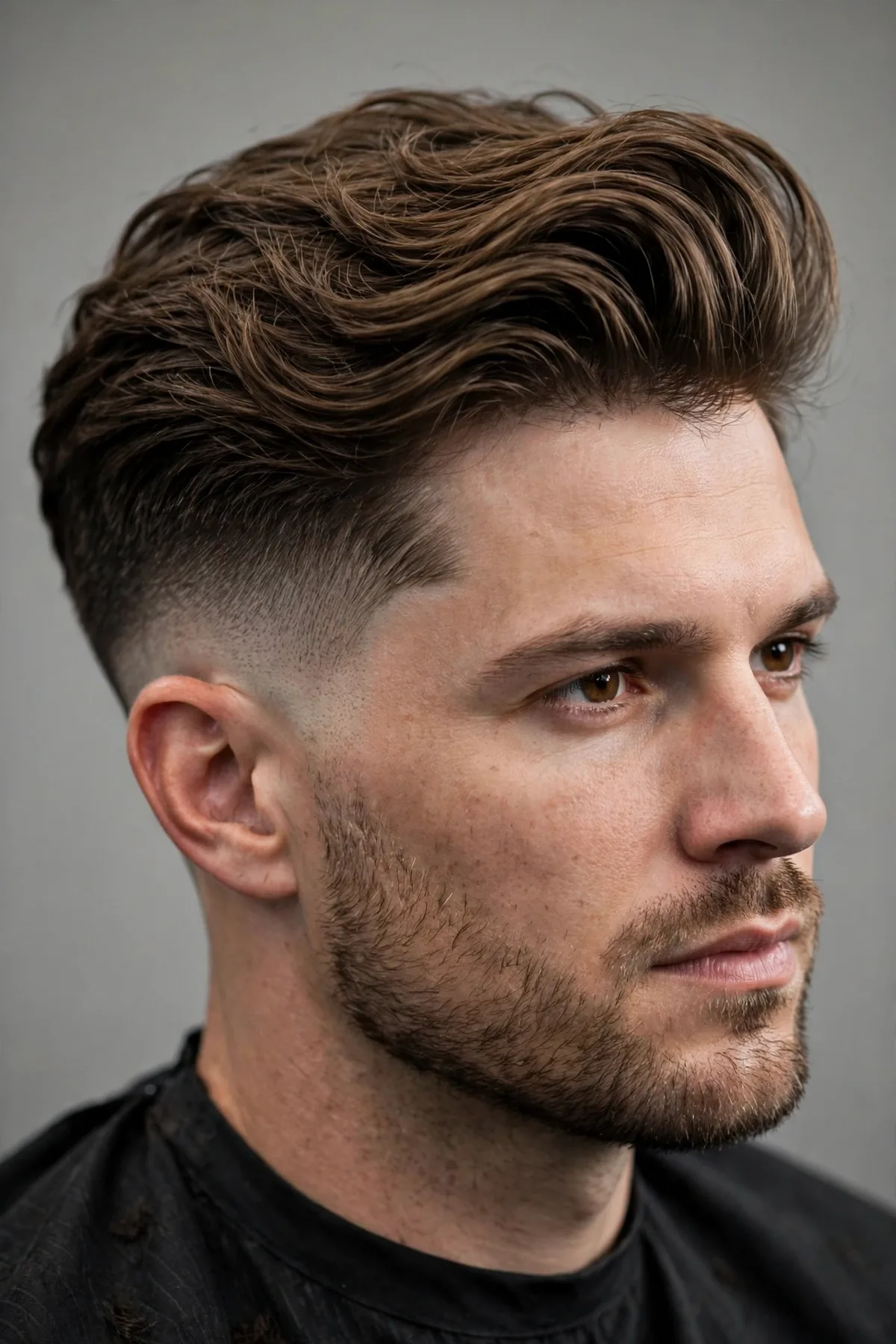 Mid fade haircut blended into an undercut, disconnected top with faded sides