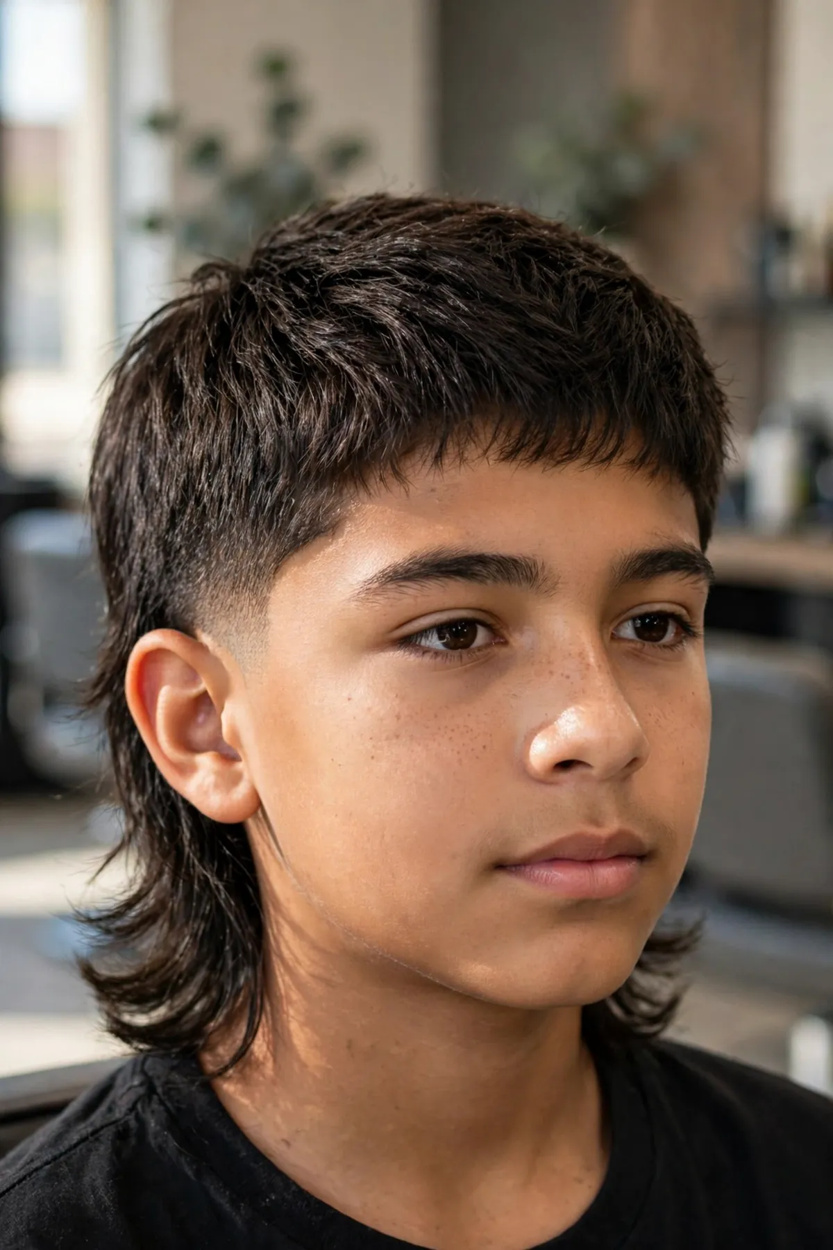 Young boy with a modern mullet haircut in a barbershop, short textured front and sides with longer layered back