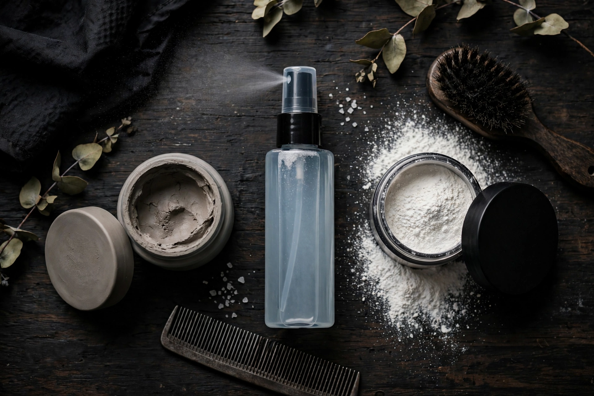 Barber counter flat lay with matte clay, sea salt spray and texture powder