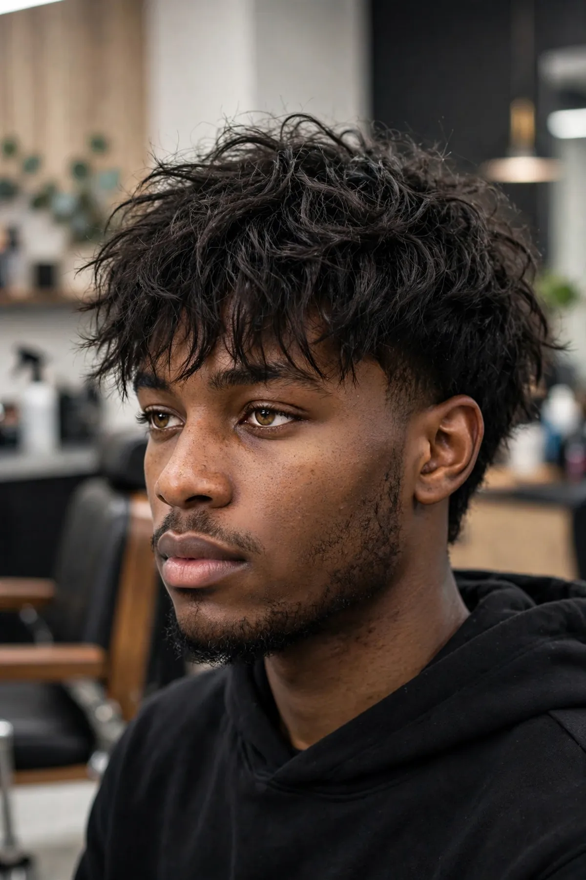 Man with a messy fringe haircut, tousled barbershop photography