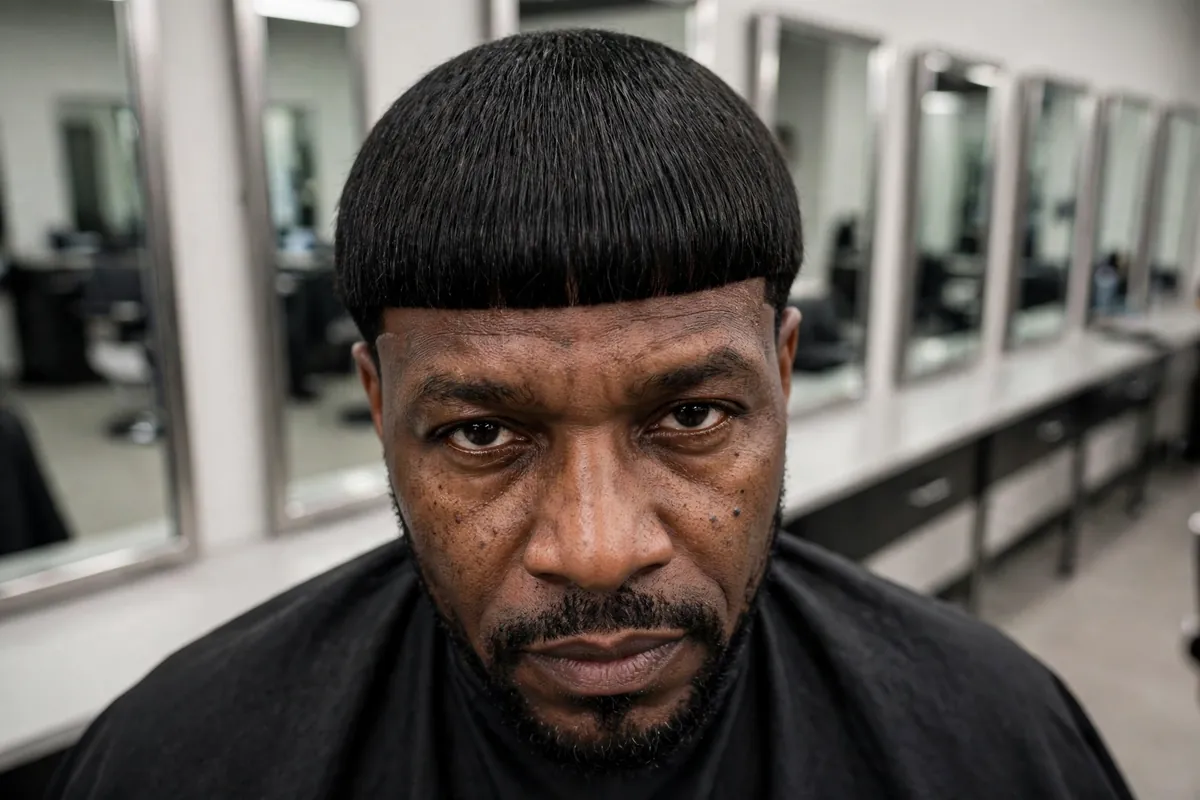 Man with a blunt fringe haircut, straight-across bold fringe