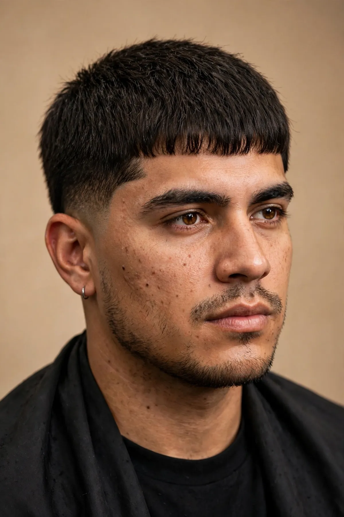 Man with a short crop fringe haircut, neat low-maintenance style