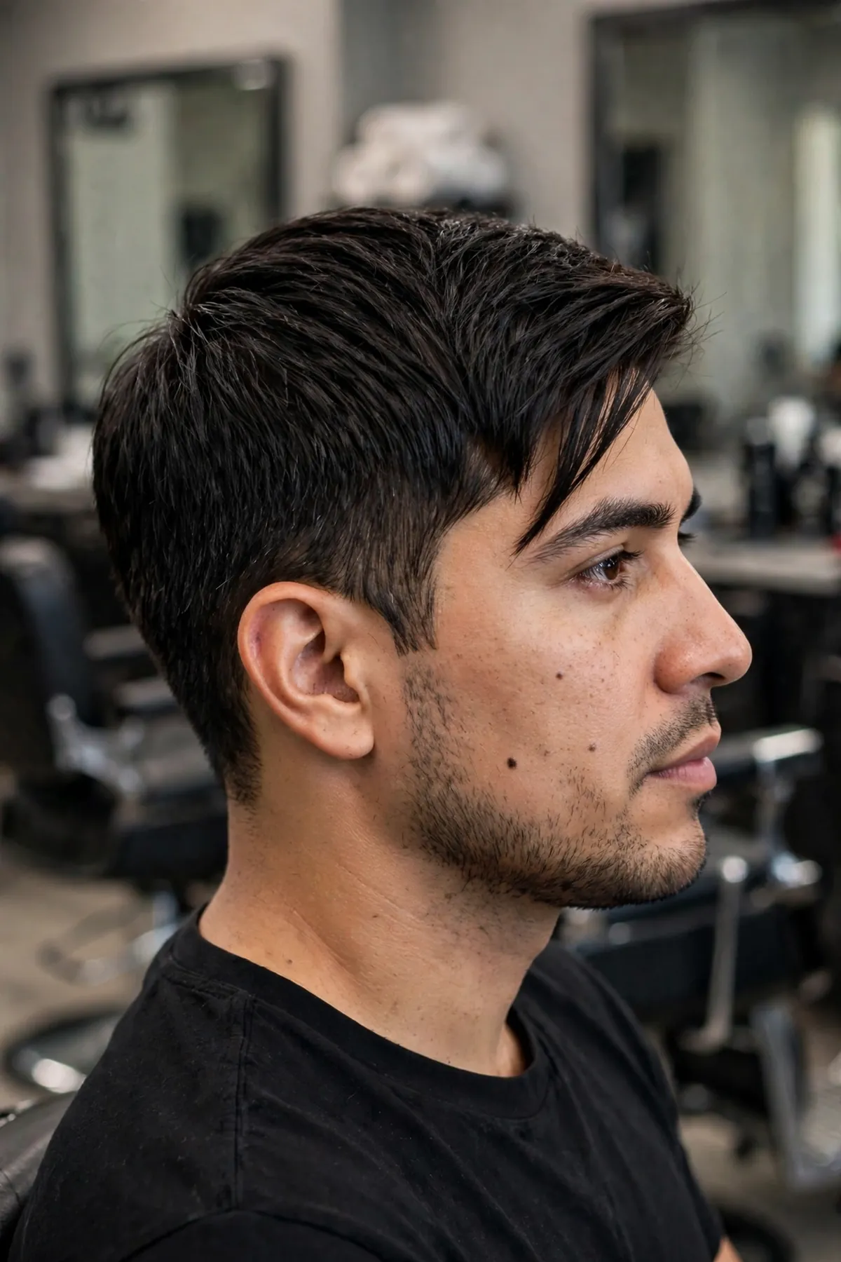 Man with an angular fringe haircut, sharp diagonal fringe style