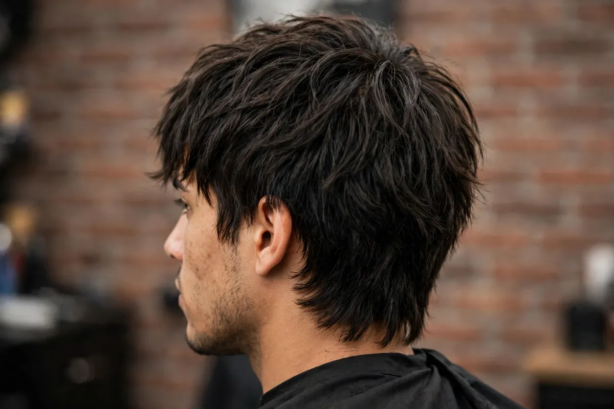 Man with a choppy fringe haircut, layered edgy barbershop look