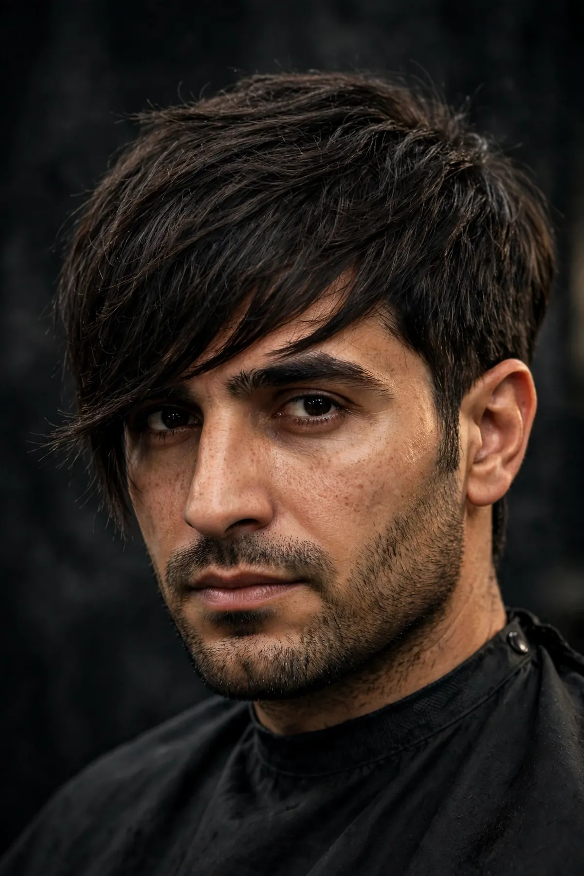 Man with an asymmetrical fringe haircut, uneven artistic fringe