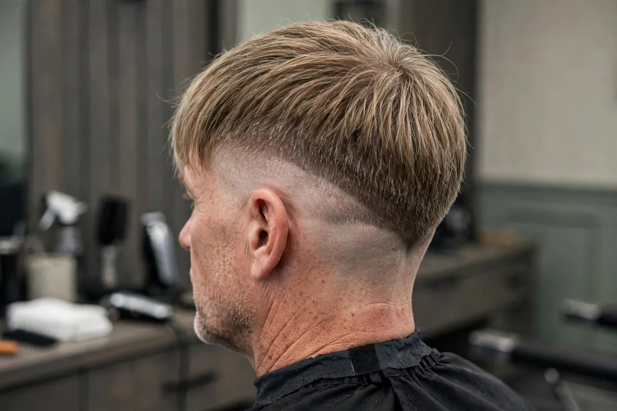 Man with a fringe haircut and undercut, disconnected bold style